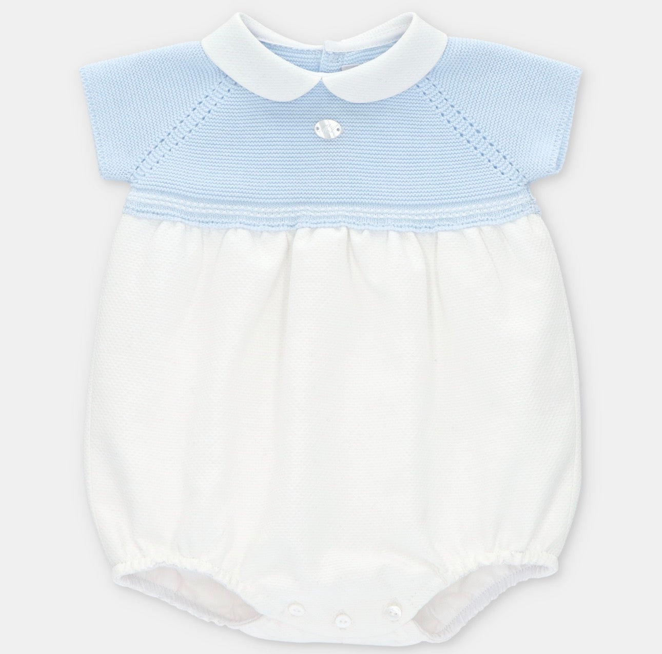 Pastel Blue & Ivory Knit Baby Romper with Peter Pan Collar