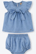 Denim Bow Flutter Sleeve Two-Piece Set