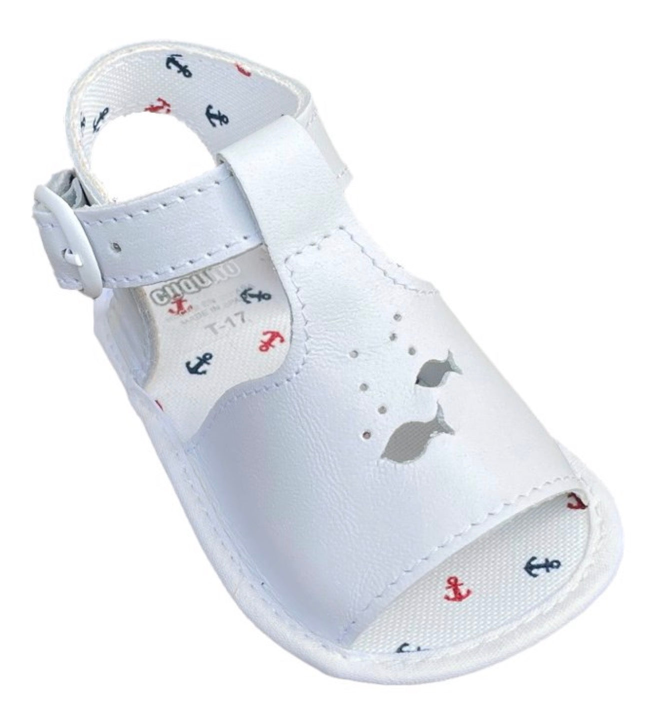 White Nautical Baby Sandals – Soft Leather Crib Shoes with Fish Cutouts