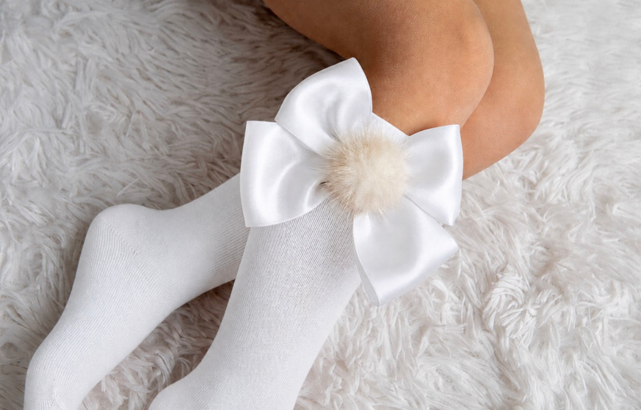 White Oversized Satin Bow with Mink Pom Pom Knee-High Socks