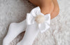 White Oversized Satin Bow with Mink Pom Pom Knee-High Socks