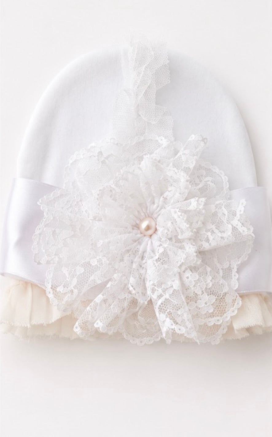 Collection D-Alli White & Blush Lace Keepsake Baby Cap (0–9M)