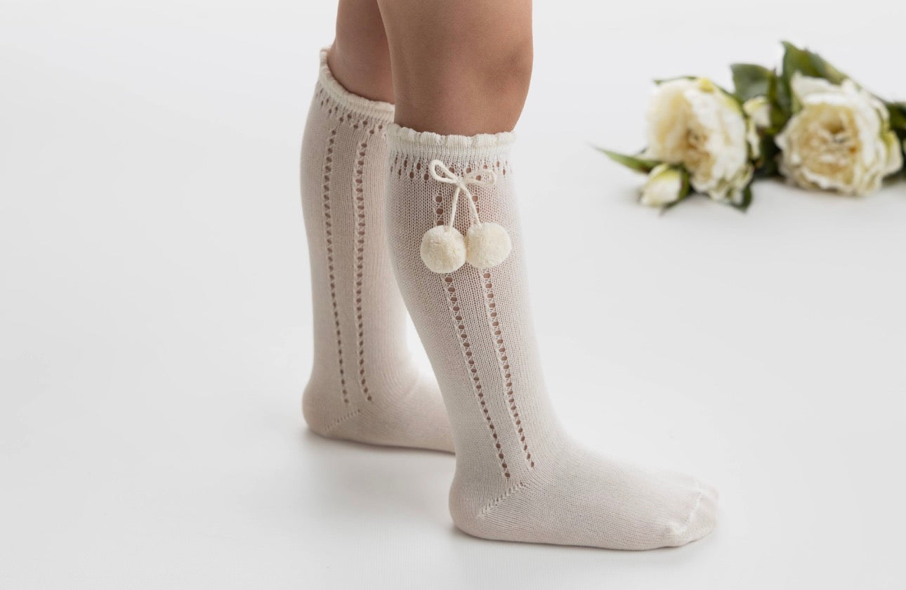 Champagne Knee-High Socks with Pom Pom Detail | Classic Unisex Children’s Socks