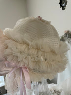 Collection D-Alli Knit Beanie Hat with Satin Bow & Lace-Pinks & Cream