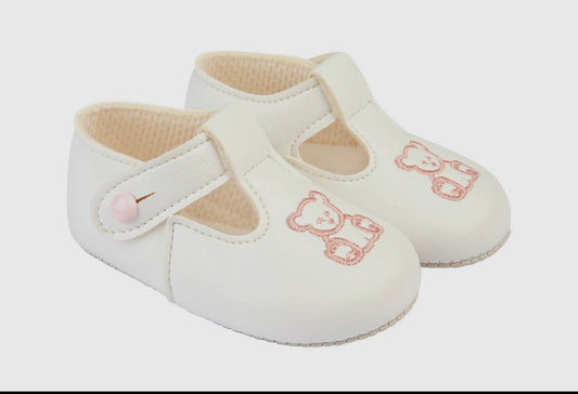 Soft  Sole baby shoes button T-bar with Teddy embroidery-White With Pink bears