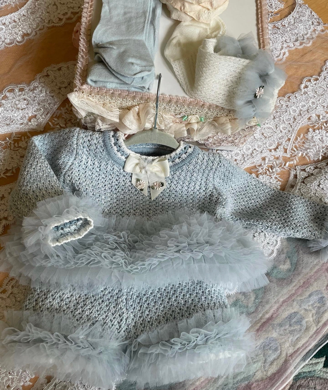 COLLECTION D-ALLI … Victorian Pale Blue Knit Short Set with Pale Blue Ruffles