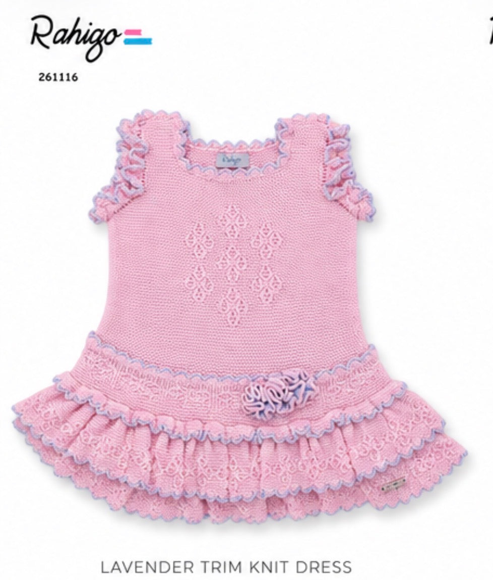 Lavender Trim Knit Baby Dress | Luxury Spanish Knit Ruffle Dress for Girls