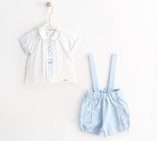 Crown Shortie Romper baby blue and white shorty set featuring crown embroidery.