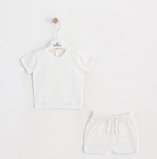 Boy's white fine knitted two-piece summer short Set