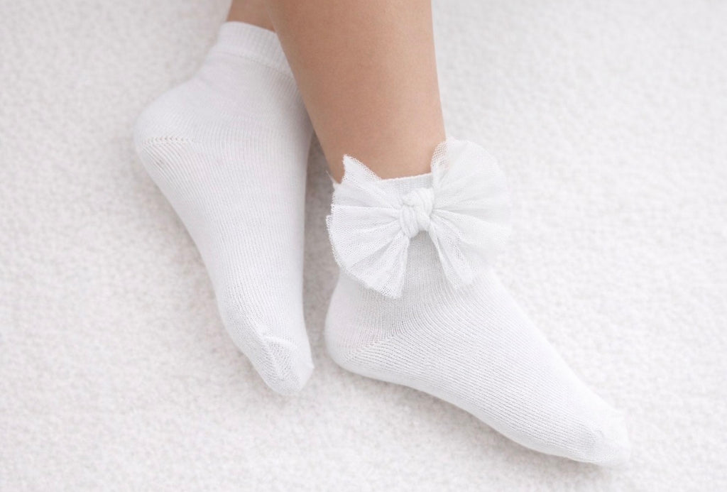 Meia Pata Short Socks With Tule Knot Bow-White