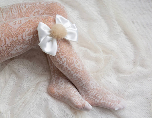 Satin Lace and Fur Pompom Tights