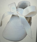 White&nbsp; pre-walker shoes for baby&nbsp; &nbsp;Trimmed with pretty Satin detailing, they fasten with organza bows on the front for an adorable look. Made in super soft leather with a sheen, they have a comfortable fabric lining and a cushioned sole for the baby's little feet.