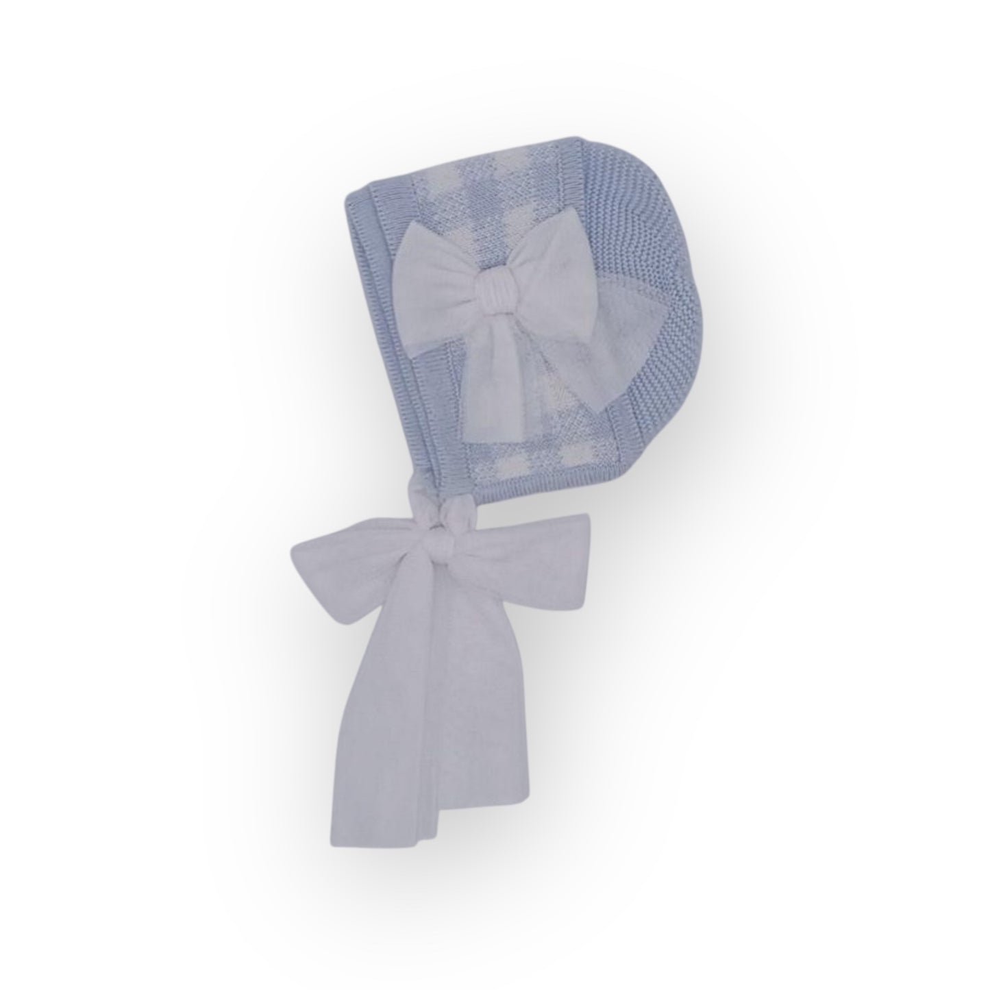 Rahigo SS25 Baby Blue Knit Bonnet with White Tulle Bow – Spanish Designer Baby Hat”
