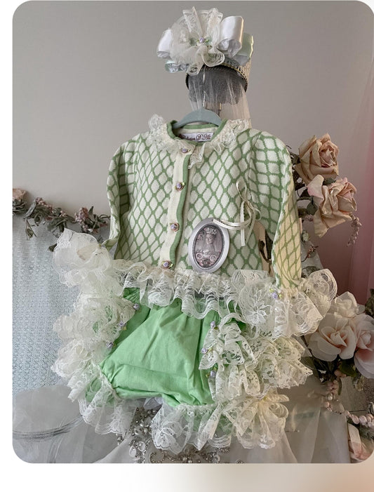 Collection D-Alli <p><span data-mce-fragment="1">The&nbsp; Hint of Celery Mint Three Piece w/Bloomers</span><br data-mce-fragment="1"></p> <p><span data-mce-fragment="1">Ensemble includes&nbsp;</span></p> <ul> <li><span data-mce-fragment="1">Matching Headband</span></li> <li><span data-mce-fragment="1">Lace &amp; Ruffled Trimmed Sweater</span></li> <li><span data-mce-fragment="1">Celery-colored Bloomers With loads of&nbsp; Ivory Lace ruffles&nbsp;</span></li> </ul>