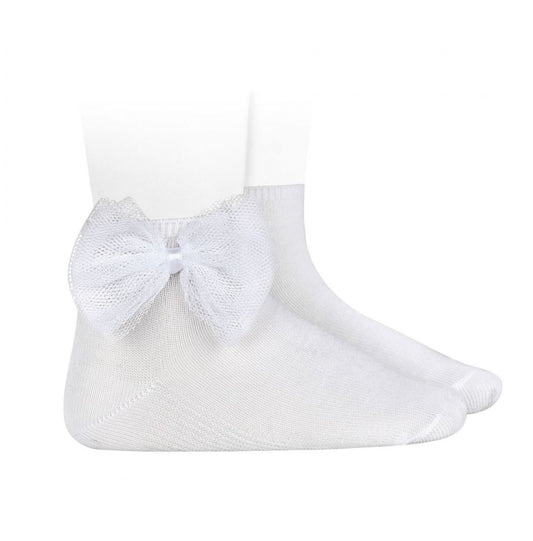 Meia Pata  Pleated Tulle Bow Ankle Sock-White