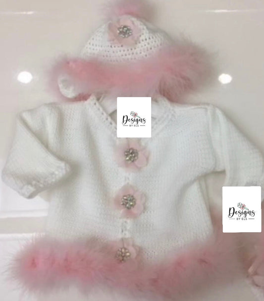 MARABOU SET  White Knitted  Cardigan & Hat (only)