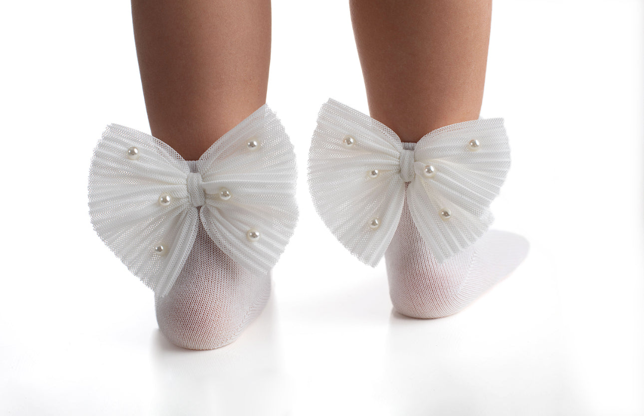 Meia Pata White Pleated Tulle & Pearl Bow Ankle Sock-White