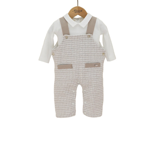 Elegant brushed cotton baby outfit with houndstooth overalls &amp; collared shirt. Perfect for newborn photos &amp; special occasions. Sizes 0–12M.
