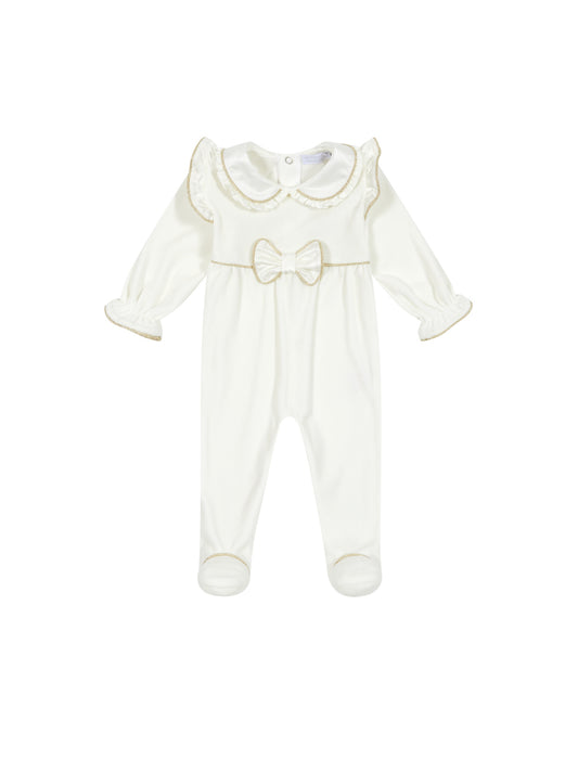 Cream Velour Baby Grow with Satin Collar