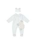 White baby onesie with bear design and matching hat on a white background