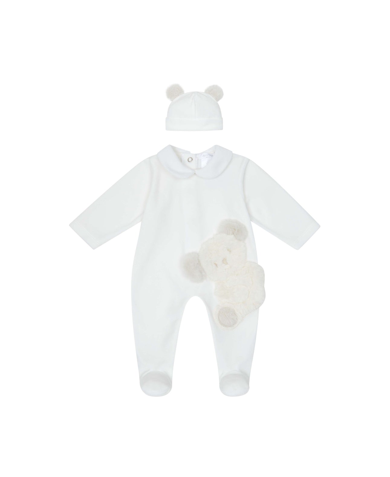 White baby onesie with bear design and matching hat on a white background