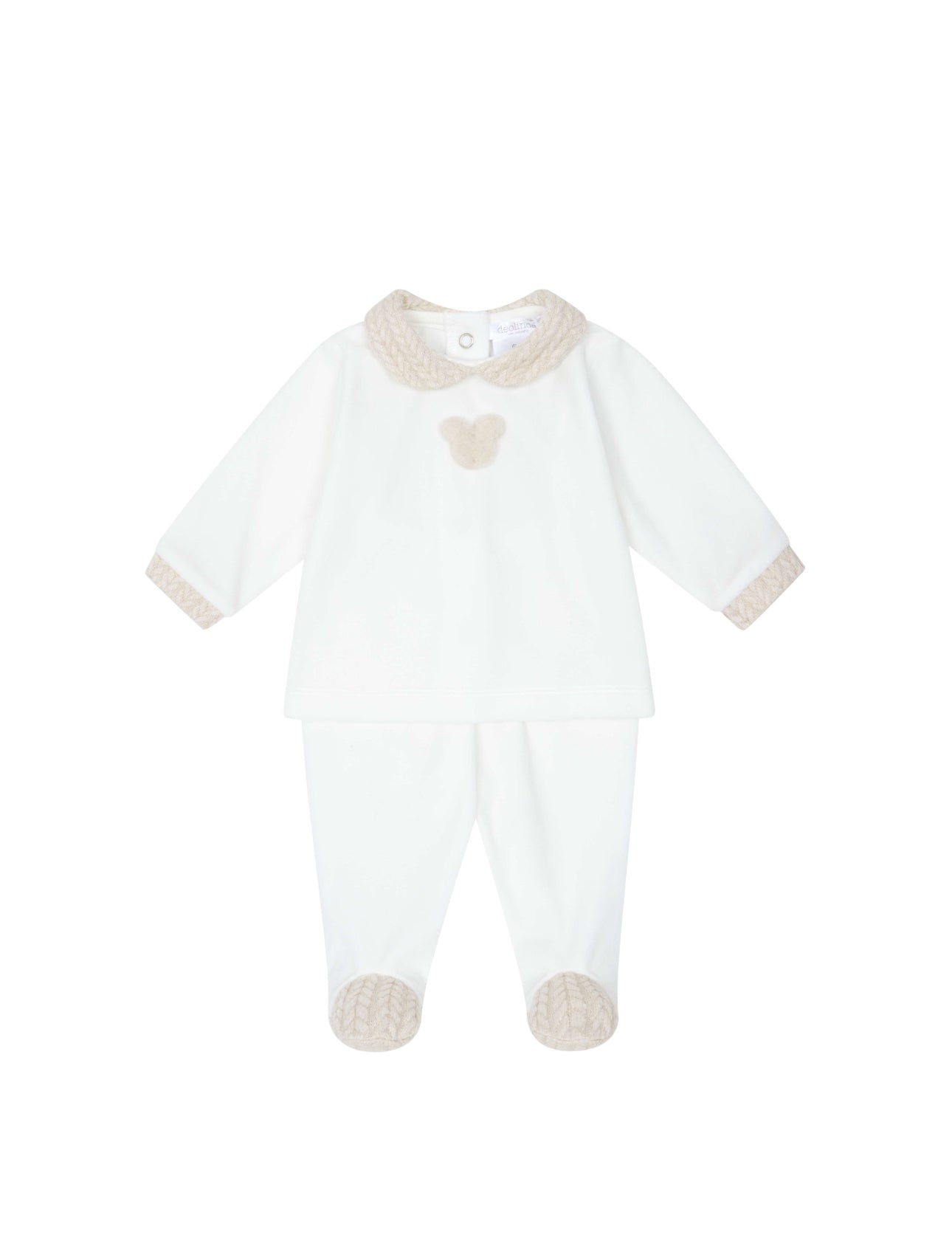 White baby onesie with beige accents on a white background