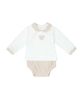 White baby bodysuit with beige accents on a white background