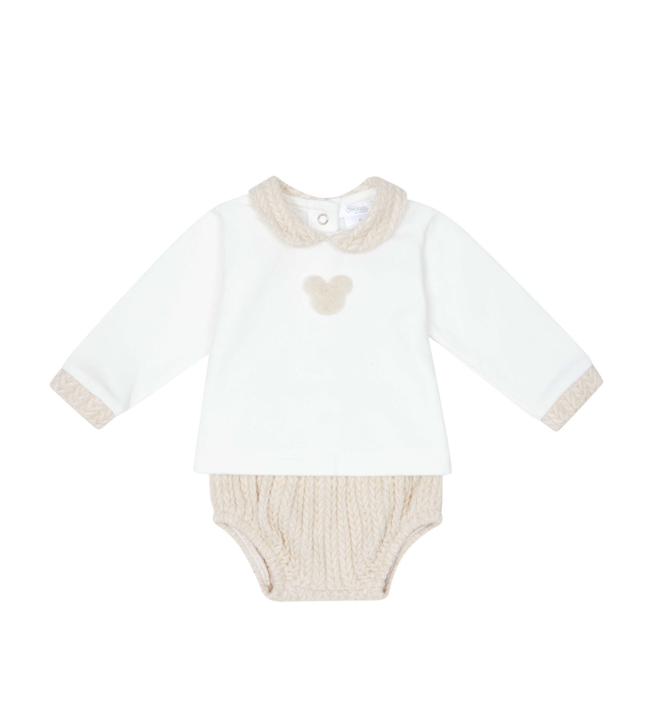 White baby bodysuit with beige accents on a white background