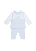 Light blue baby outfit with a star design on a white background