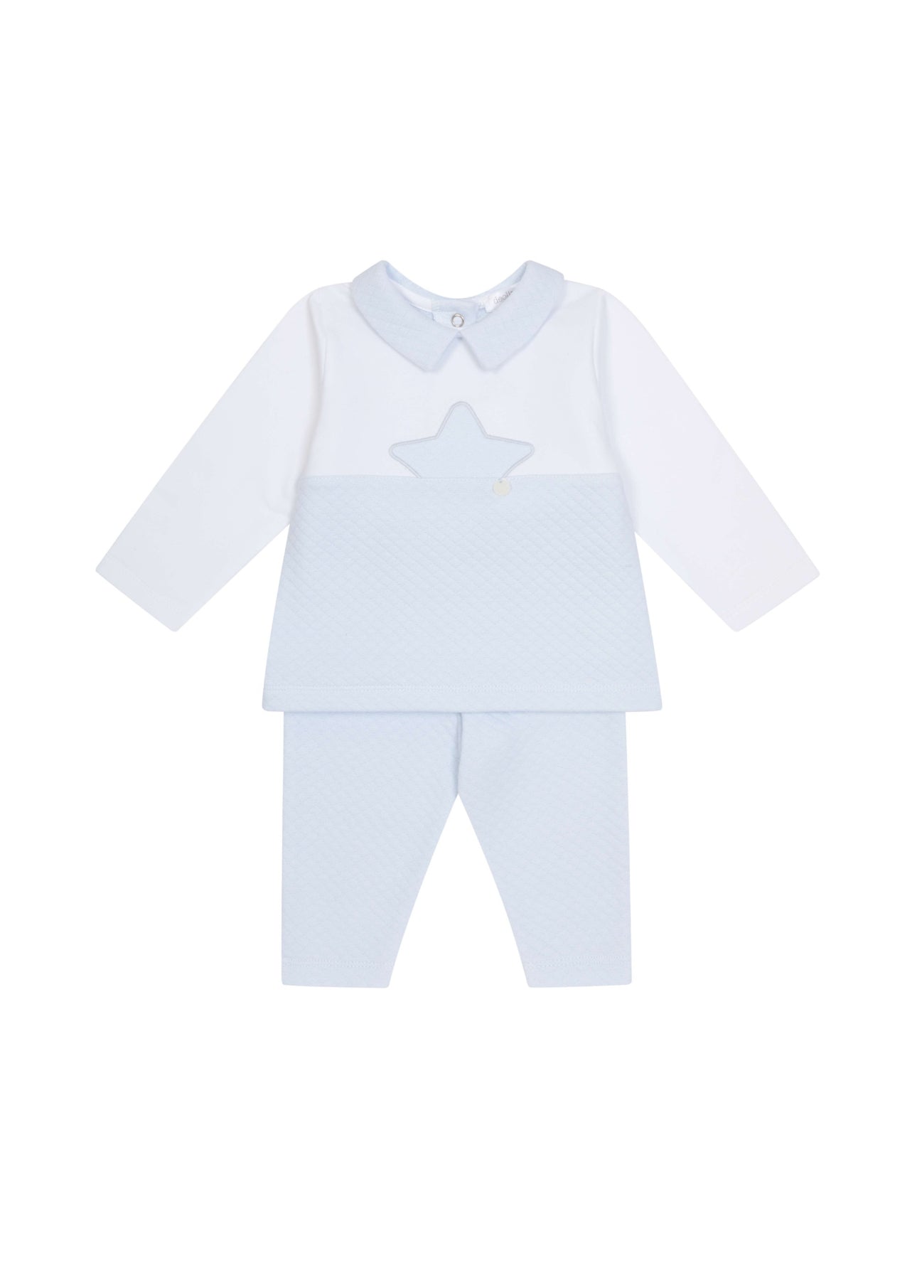 Light blue baby outfit with a star design on a white background