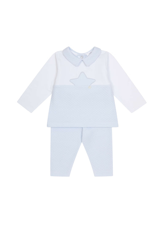 Light blue baby outfit with a star design on a white background