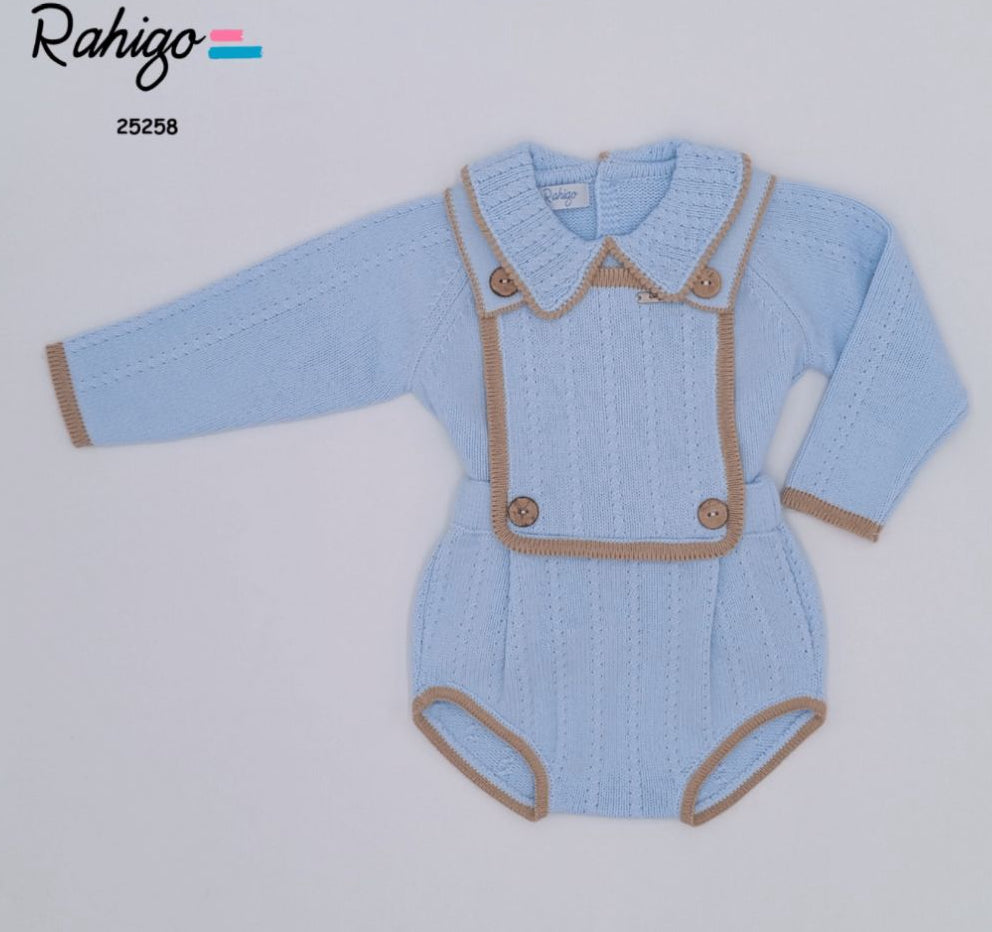 👶 Rahigo Blue & Camel Knit Romper with Buttoned Bib