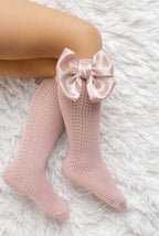 Baby Pink Satin Bow Knee-High Socks