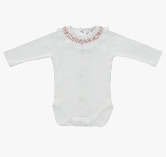 White Cotton Frilly Collar With Pink Trim  Long Sleeve  Bodysuit