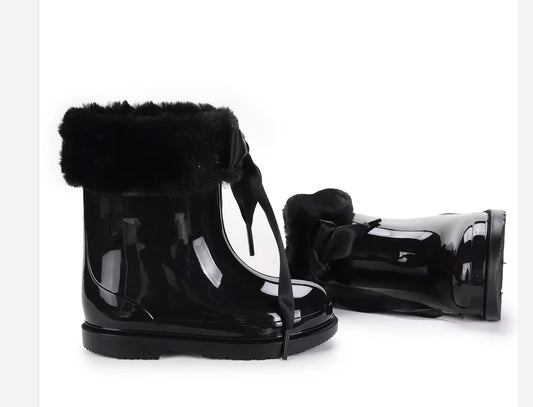 Bimbi Soft Ankle Rain & Snow Boot In Black With Fur