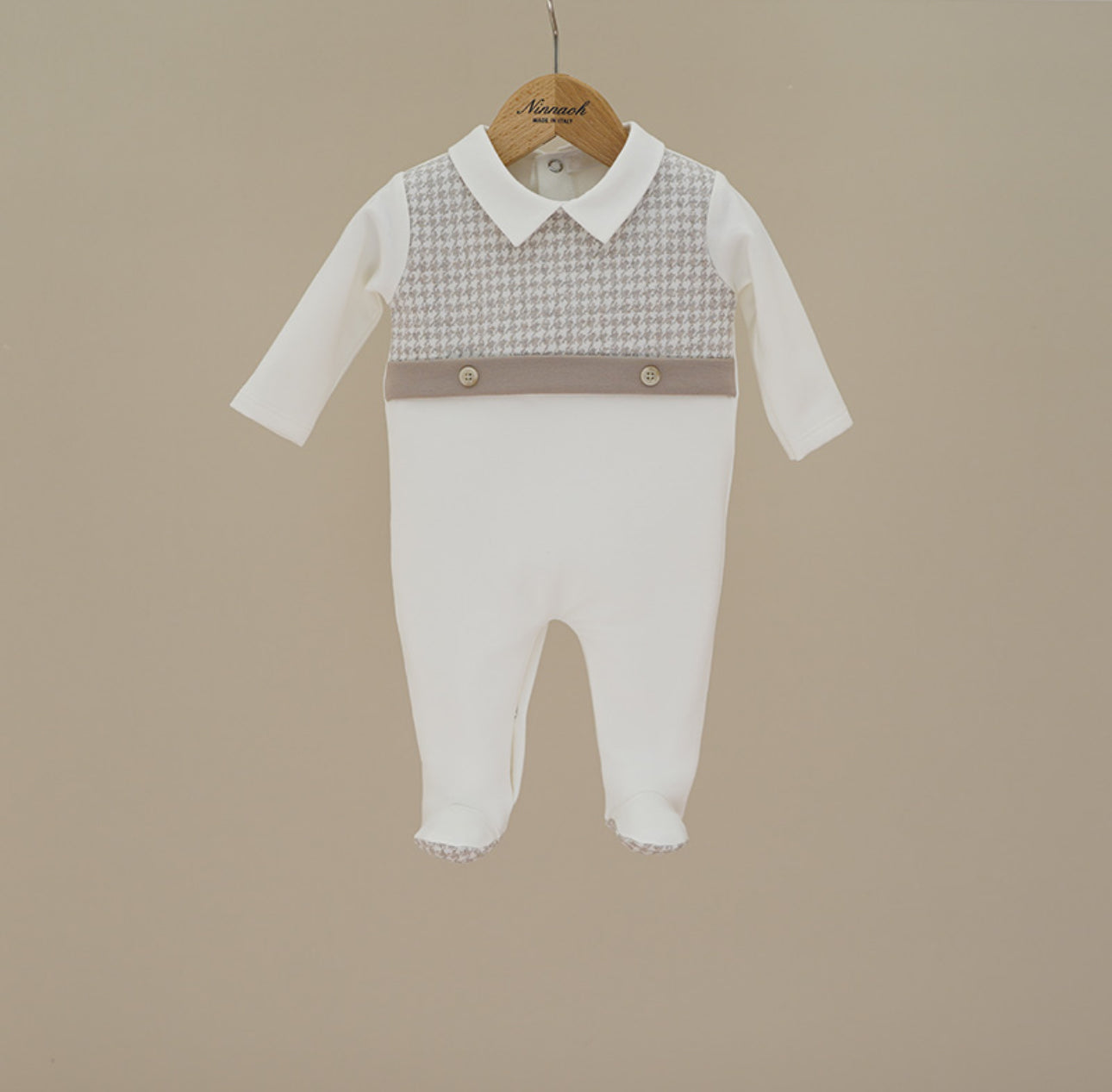 Brushed Cotton Houndstooth  Footie – Beige Cream | Boutique Baby Outfit