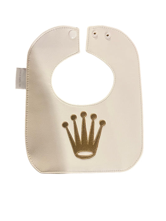 Reversible Vegan Leather   Baby Bibs -Mini Size  (  White With Gold Crown)