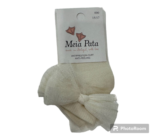 Meia Pata  Pleated Tulle Bow Ankle Sock-Pearl