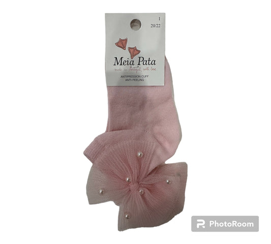 Meia Pata Pink Pleated Tulle & Pearl Bow Ankle Sock-PINK