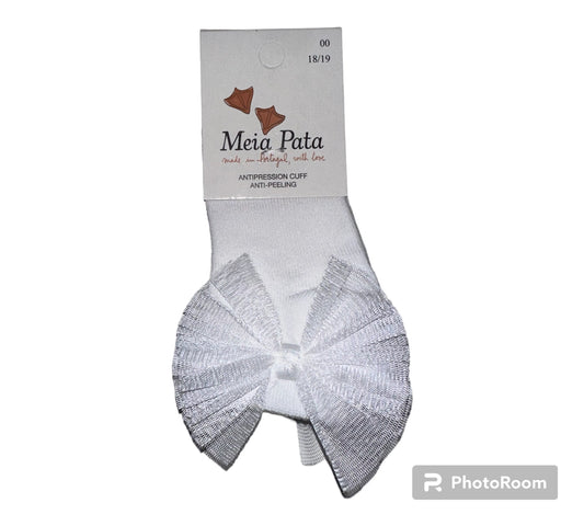 Meia Pata  Pleated Sheer  Bow Ankle Sock-White