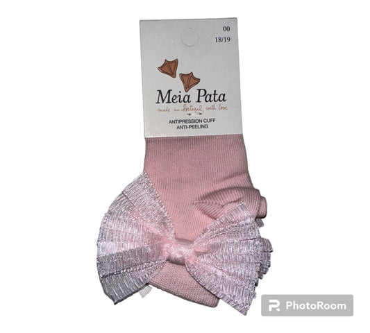 Meia Pata  Pleated Sheer  Bow Ankle Sock-Pink