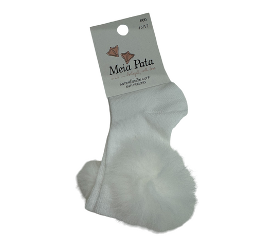 Meia Pata  Cotton Knee Sock With Fur Pom Pom -Pure White