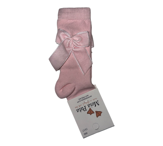 Meia Pata  Cotton Knee Sock With Velvet  Bow -Pink