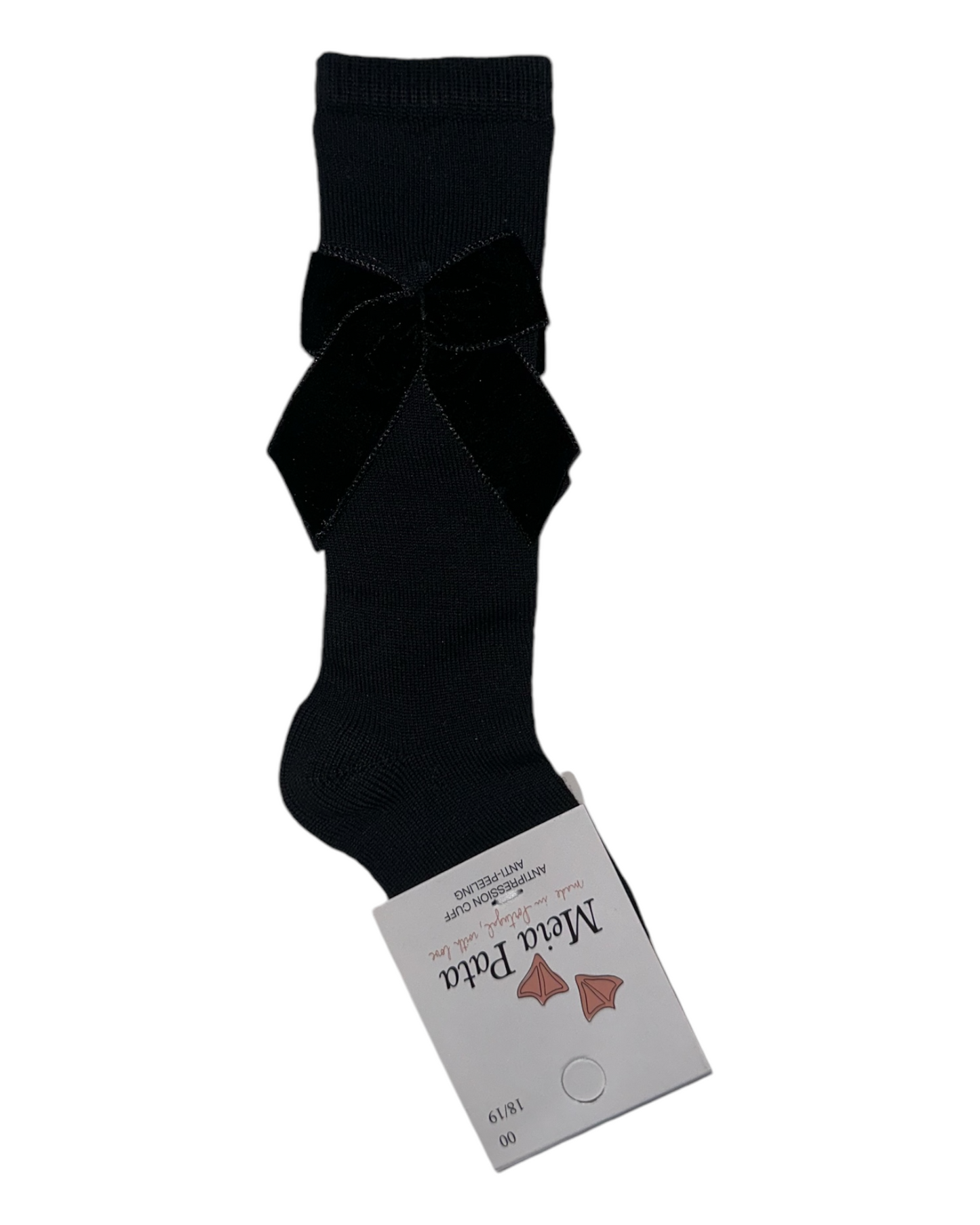 Meia Pata  Cotton Knee Sock With Velvet  Bow -Black