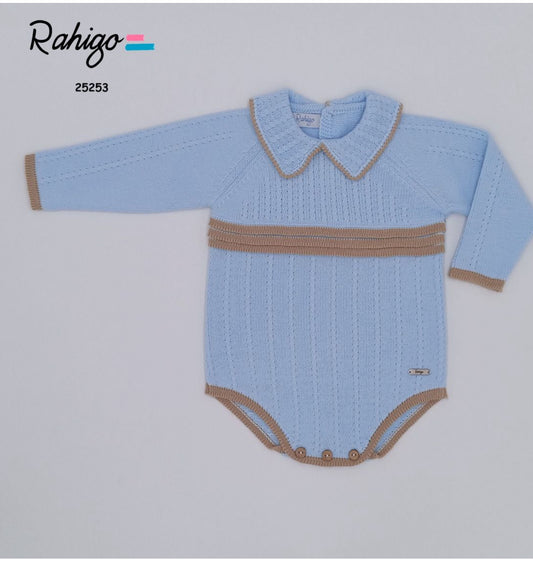 👶 Rahigo Blue & Camel Knit Romper with Collar