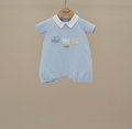 Baby Blue Train Embroidered Shortall with White Collar