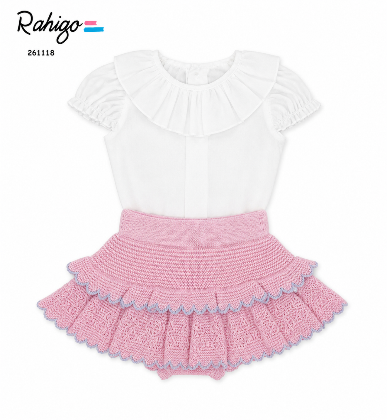 Blush Knit Ruffle Skirt &amp; White Collar Blouse Set | Luxury Baby Girl Outfit