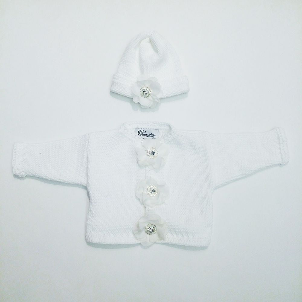 White Chiffon Flowers w/Large Crystal Center Hat Included