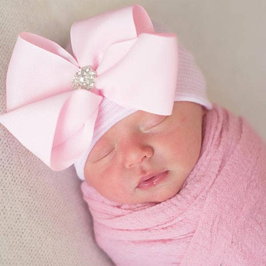 Bella Bow Pink Striped Bow Hat with Pink Ribbon Newborn Hospital Ha