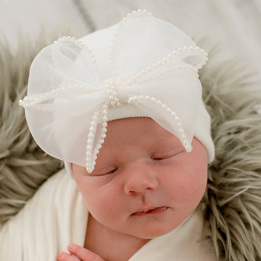 White Hat Pearl Trimmed Chiffon Bow